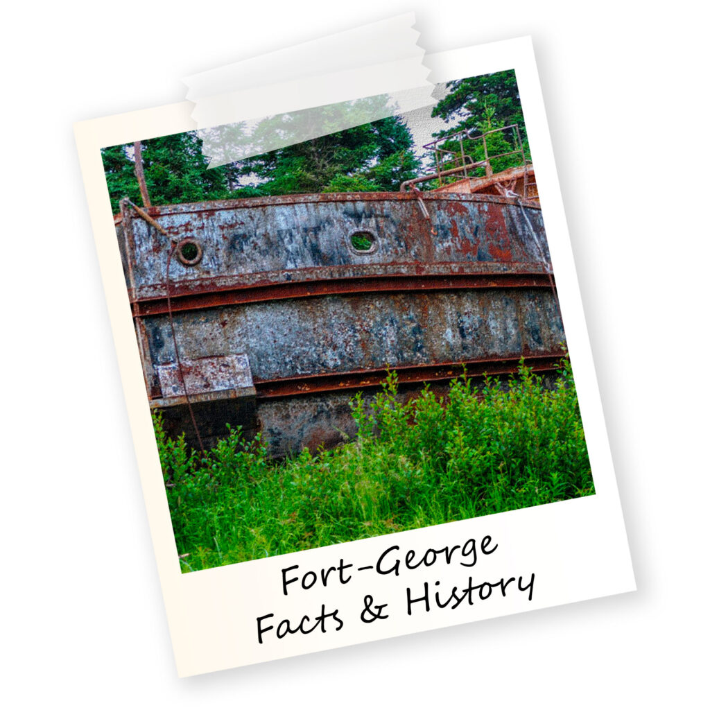 A polaroid of an abandoned rusty ship in the forest on Fort George island with the text Fort-George Facts & History written on it with a handwritten font.