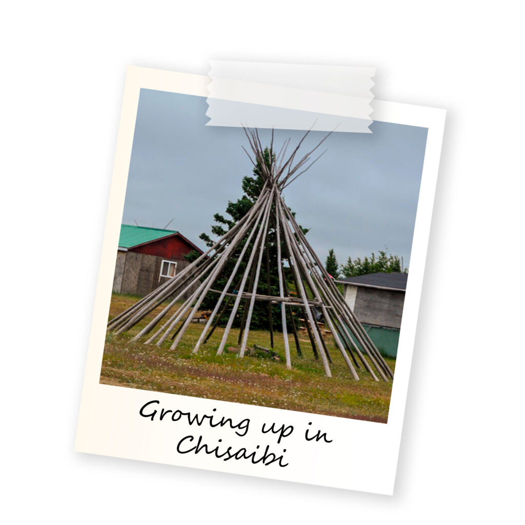 A polaroid of a teepee on Fort George island that has abandoned cabins in the background with the text Growing up in Chisasibi written in a handwritten font.